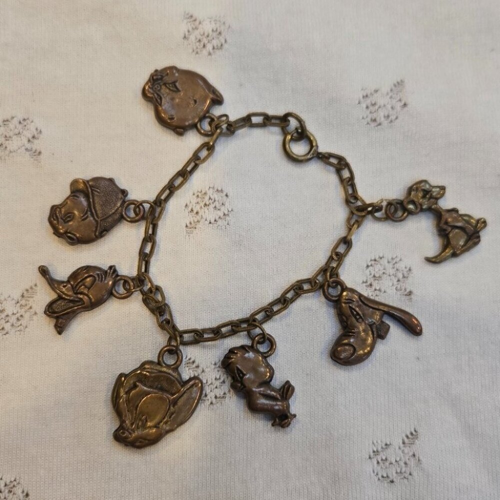 Vintage Jan Michaels Bronze Charm Bracelet Disney Goofy Elmer Fudd Tweety